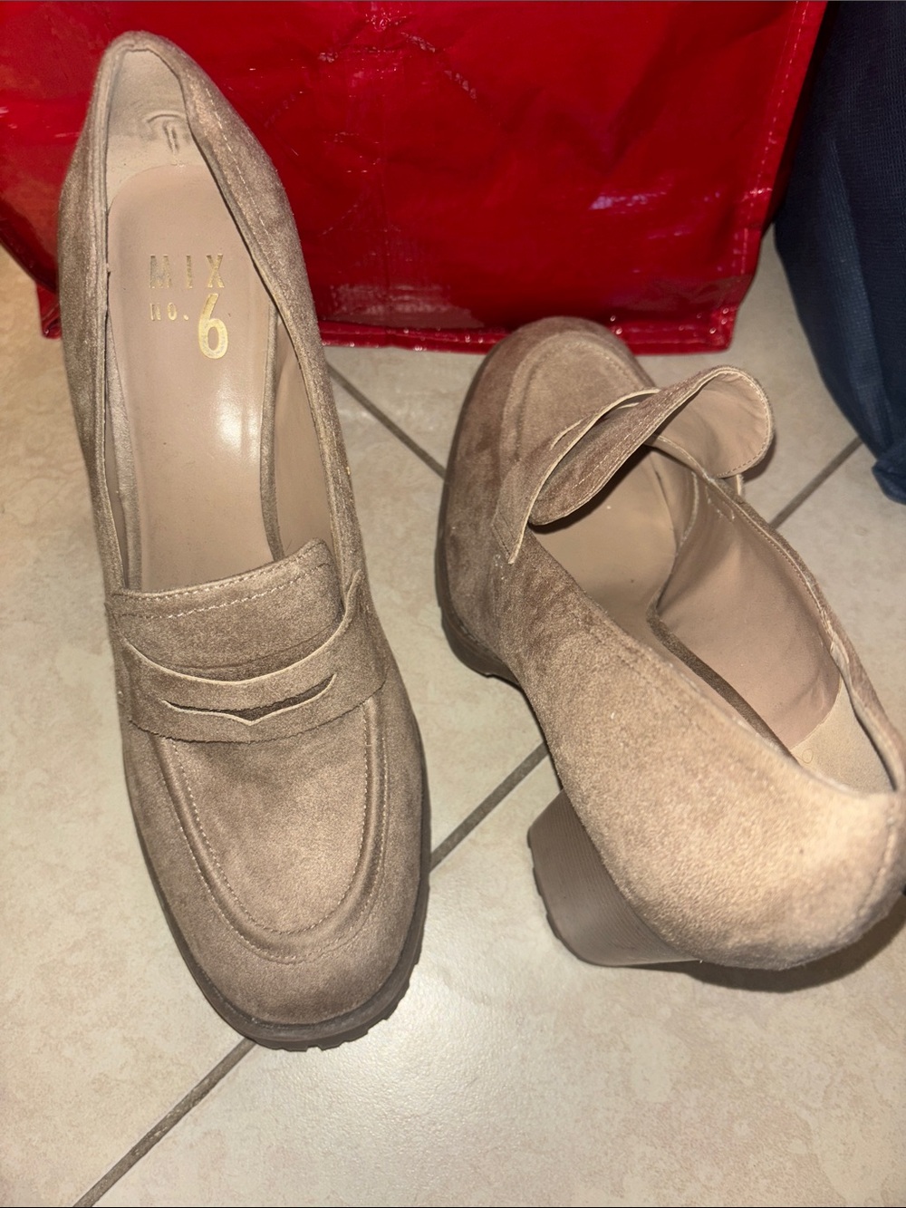 Mix No. 6 Taupe Suede Penny Loafers with Block Heel